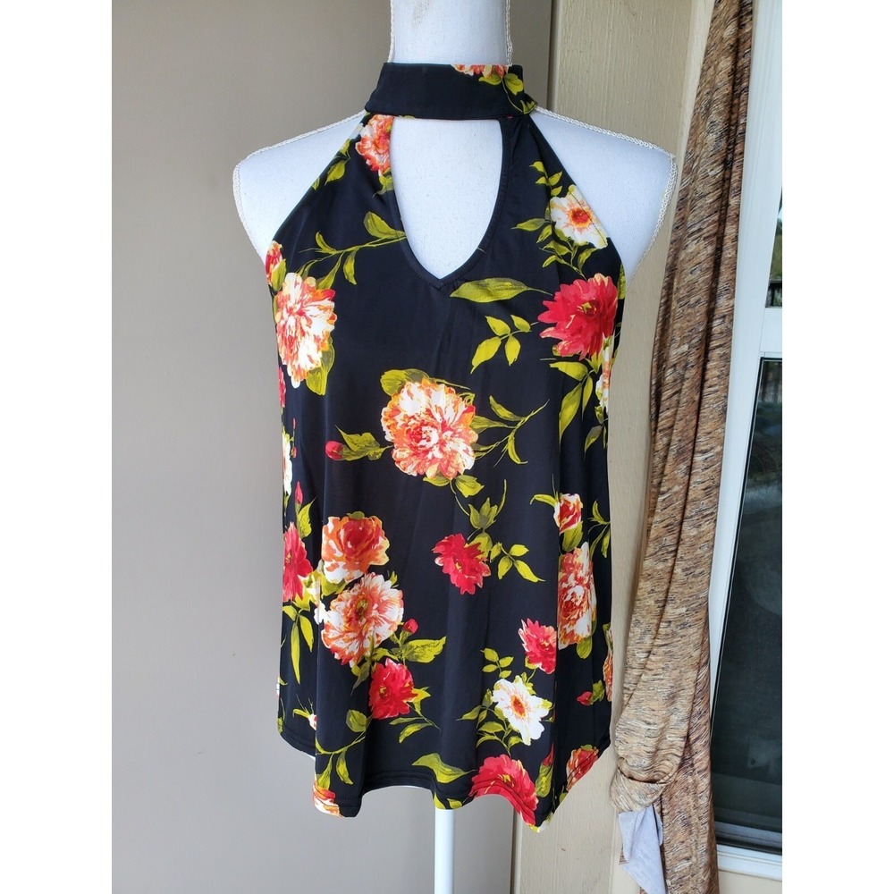 Sweet Wanderer Halter Top Womens L Black Floral Sleeveless Mock Neck Whimsigoth